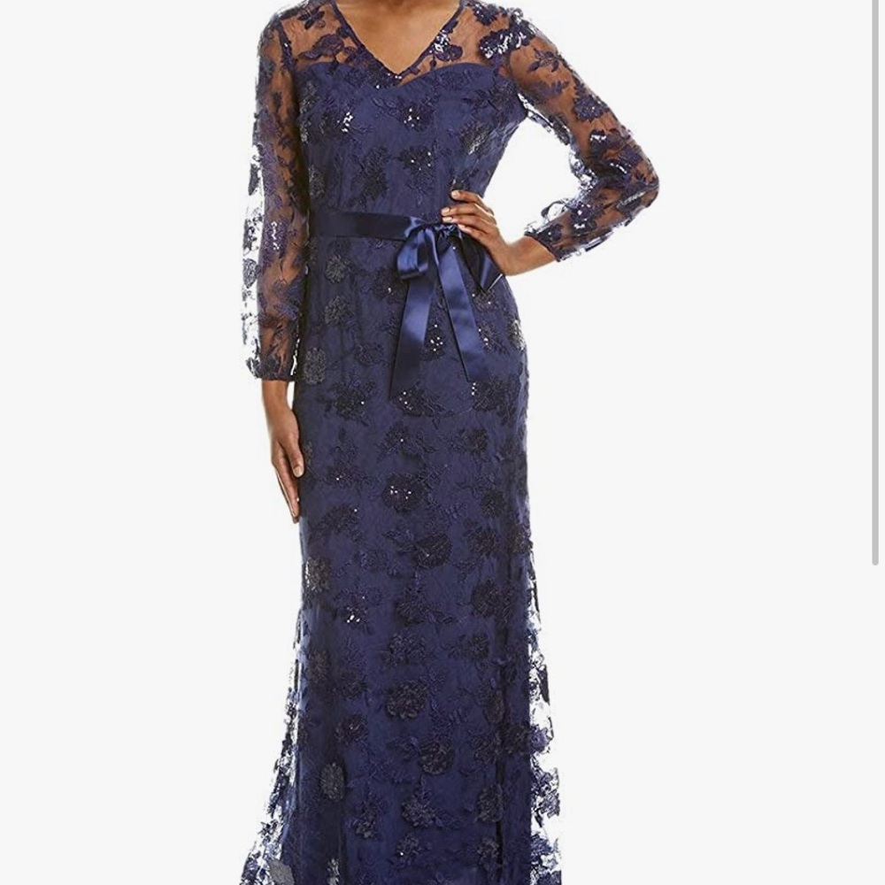 NWT Tahari ASL Women's Long Sleeve V-Neck Full Length Embroidered Dress